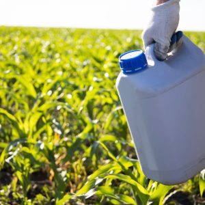 hand holding container with screw top in crop field