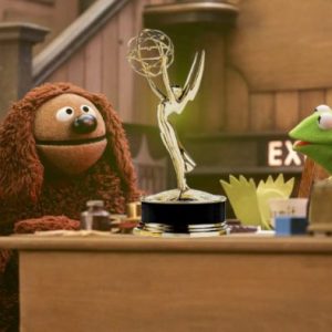 Rowlf and Kermit admire Emmy trophy